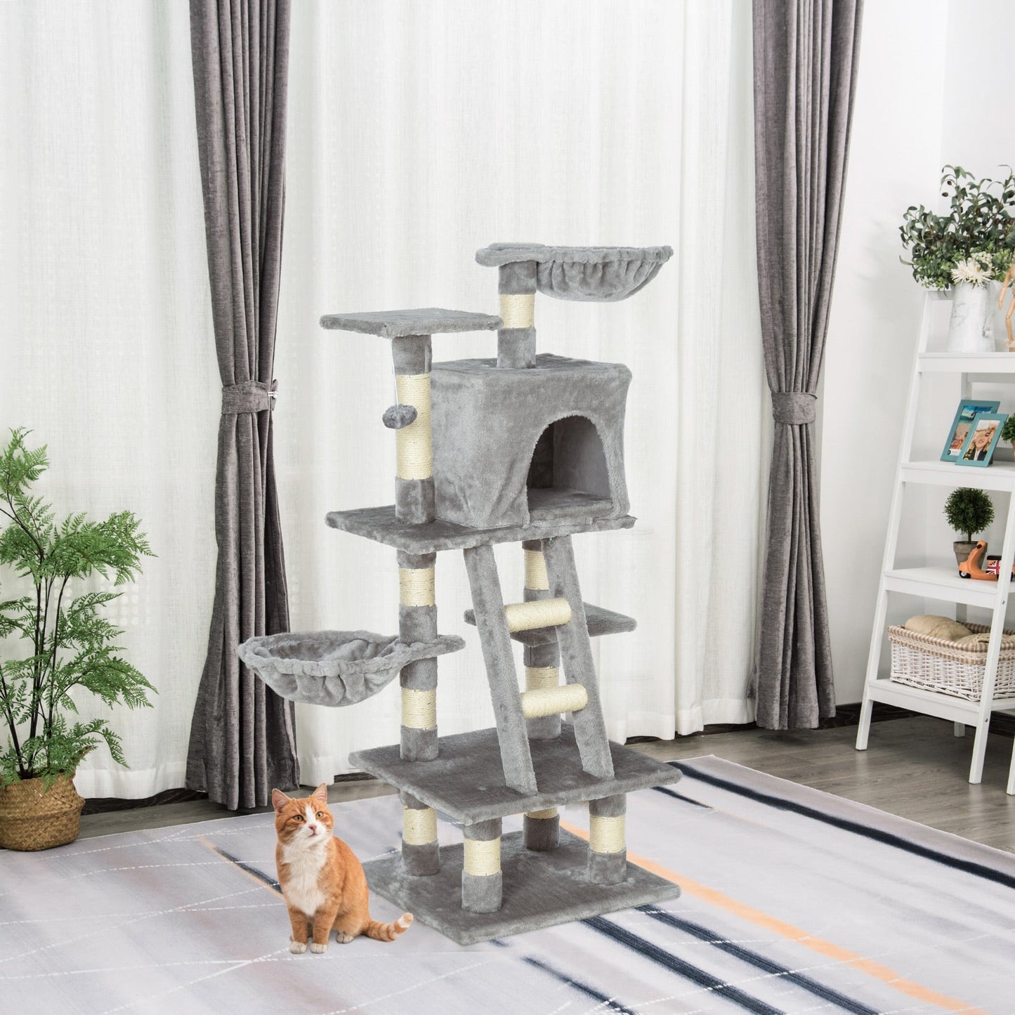 PawHut 1.2m Plush Cat Tree Activity Center with Sisal Scratching Posts Basket Perch Condo, Light Gray