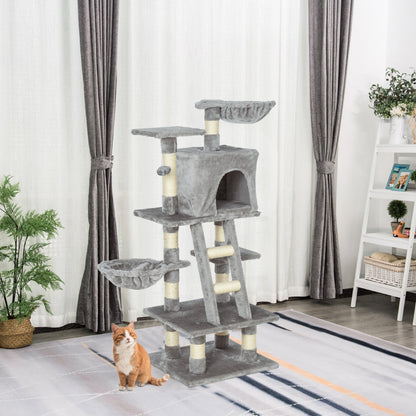 PawHut 1.2m Plush Cat Tree Activity Center with Sisal Scratching Posts Basket Perch Condo, Light Gray