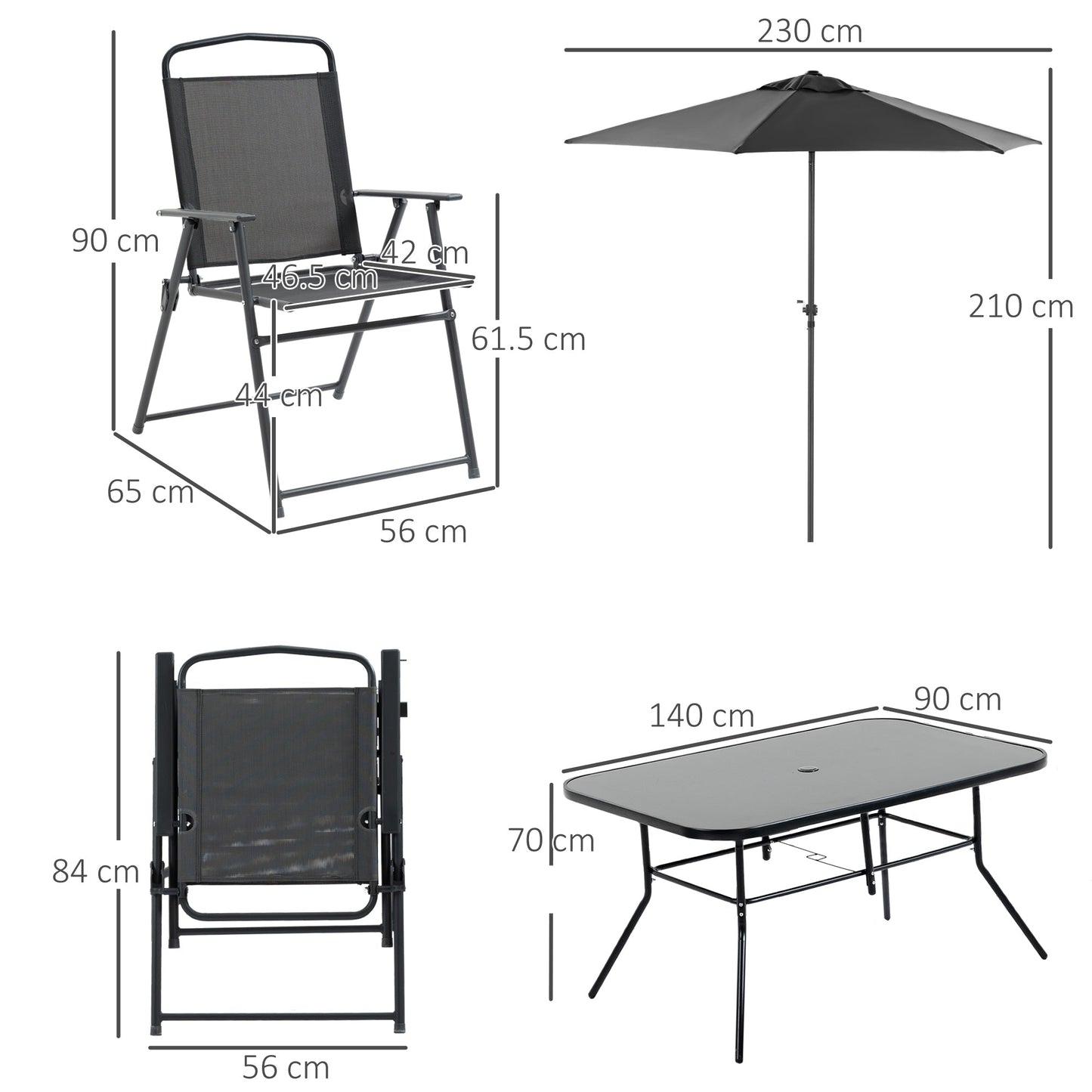 8 Pieces Metal Garden Furniture Set W/ Parasol And Folding Chairs, Patio Dining Set, 6 Seater Outdoor Table and Chairs with Tempered Glass Top, Black