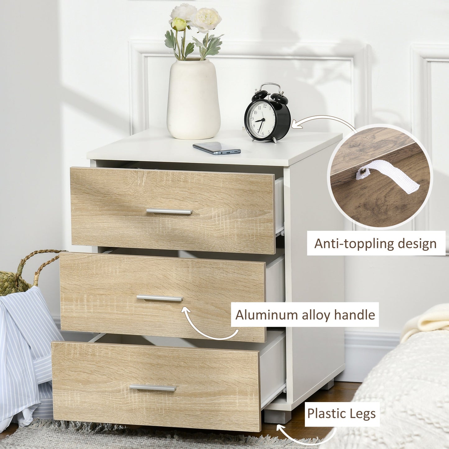 HOMCOM Bedside Table with 3 Drawers, Modern Nightstand, End Table for Bedroom, Living Room, Oak Effect