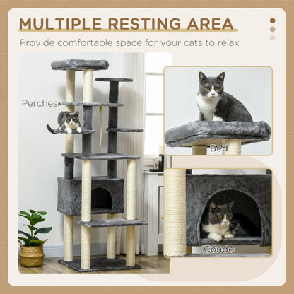 PawHut 184cm Cat Tree for Indoor Cats, Multi-level Kitten Climbing Tower with Scratching Posts, Cat Bed, Condo, Perches, Hanging Play Rope, Grey