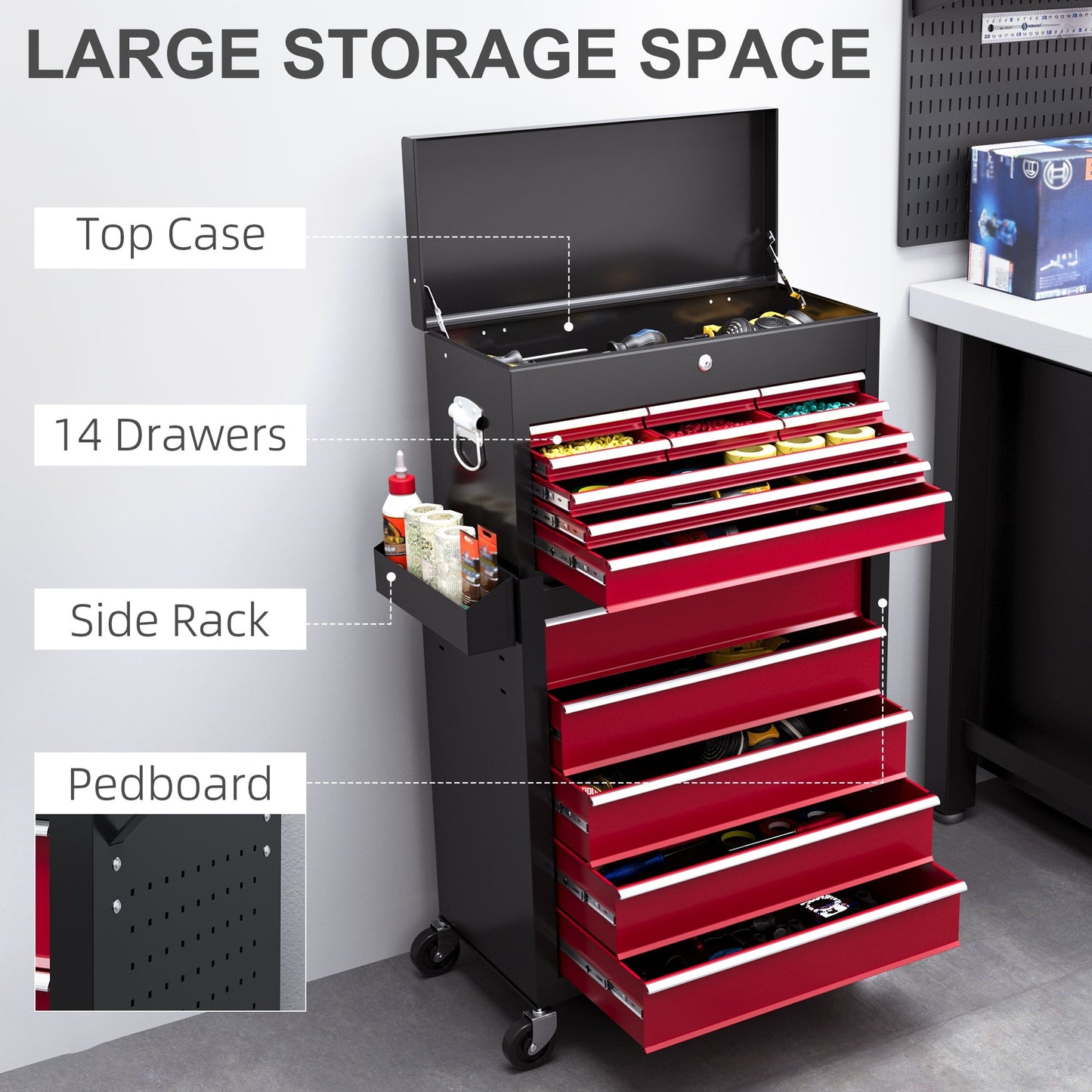 Rolling Tool Cabinet on Wheels with 14 Drawers, Pegboard and Side Rack, Lockable Top Tool Chest and Roller Cabinet Combo for Workshop and Home, Red