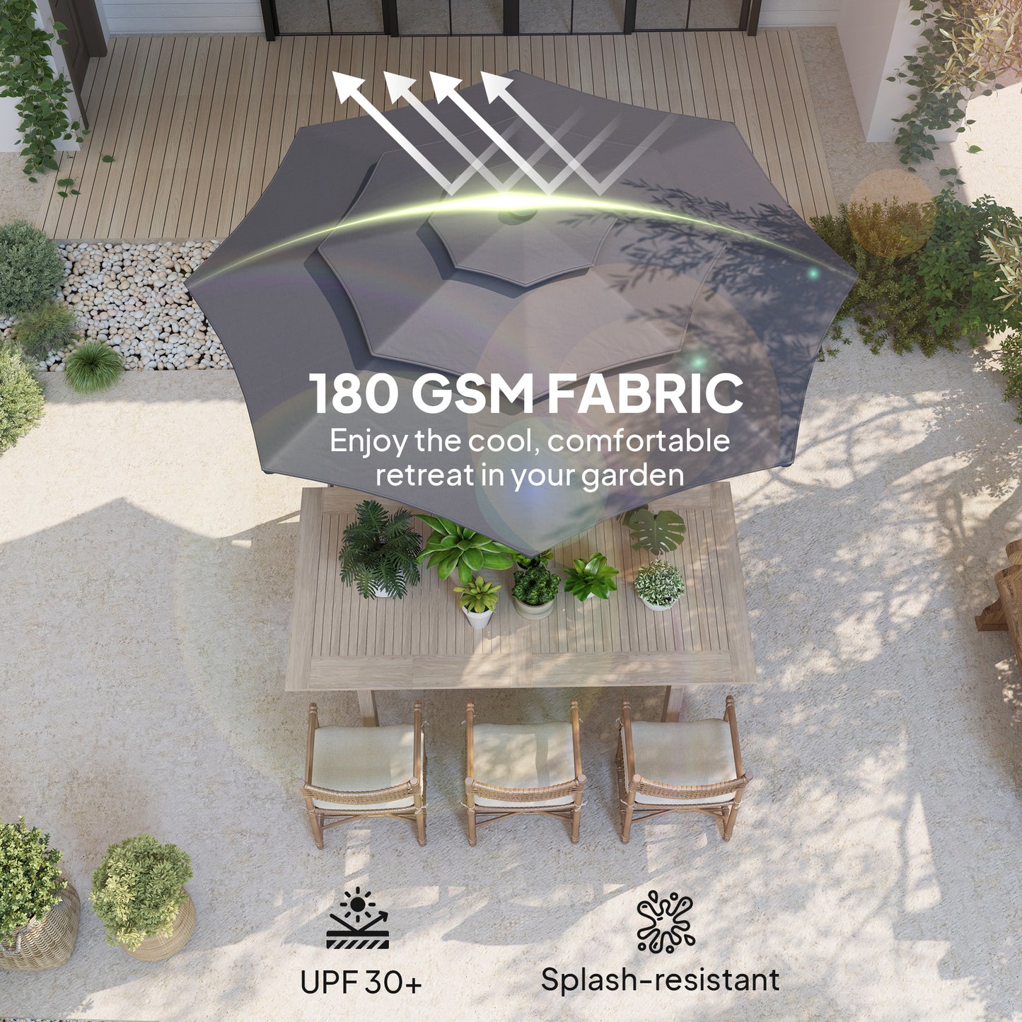 Outsunny 3-poziomowy parasol ogrodowy z lampami LED zasilanymi energią słoneczną, UPF 30+, mechanizmem pochylania i korbą, na taras w kolorze ciemnoszarym
