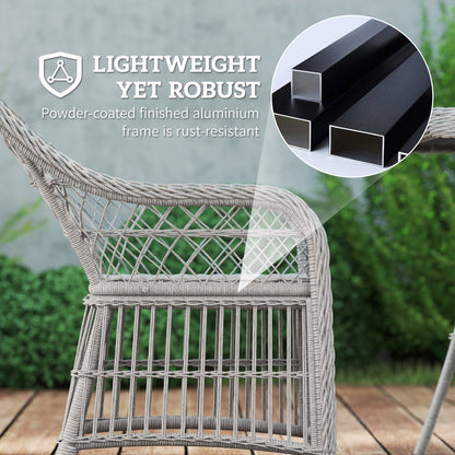Zestaw jadalny Outsunny Rattan z poduszkami na siedzisko i oparcie, 6-osobowy zestaw mebli ogrodowych z aluminiową ramą, 6 krzeseł, prostokątny stół z blatem WPC, meble ogrodowe z wikliny Conservatory, szary
