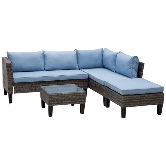 Outsunny 4-Seater Rattan Garden Furniture Corner Sofa Set w/ 2 Seats Footstool Square Glass Top Coffee Table Thick Blue Cushions Solid Legs - Grey