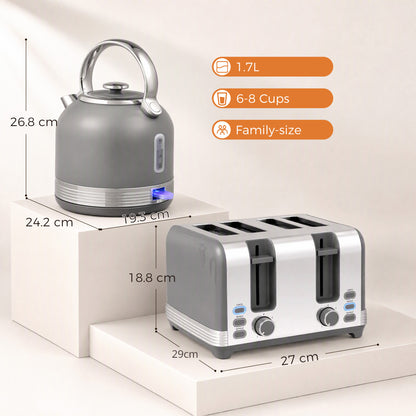 HOMCOM Stainless Steel Kettle and Toaster Set, 1.7L 3000W Cordless Fast Boil Kettle, 4 Slice Toaster Kitchen Set, Grey