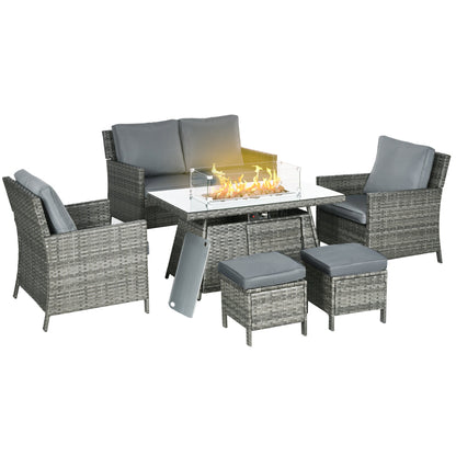 Outsunny 6 Seater Rattan Garden Furniture Set, Gas Fire Pit Table, Wicker Loveseat, 2 Armchairs and 2 Footstools, 6 Piece Patio Rattan furniture Sofa Sets with Cushions for Conservatory, Grey