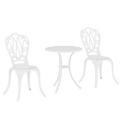 Outsunny 3-częściowy zestaw ogrodowy Bistro, zestaw mebli ogrodowych z odlewu aluminiowego z otworem na parasol na balkon, werandę, patio, biały