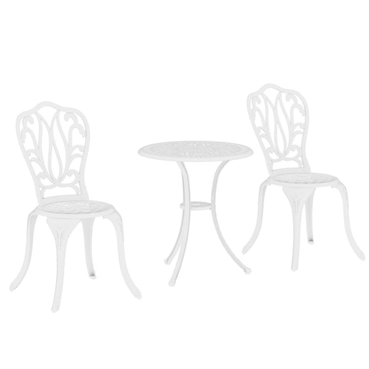 Outsunny 3-częściowy zestaw ogrodowy Bistro, zestaw mebli ogrodowych z odlewu aluminiowego z otworem na parasol na balkon, werandę, patio, biały