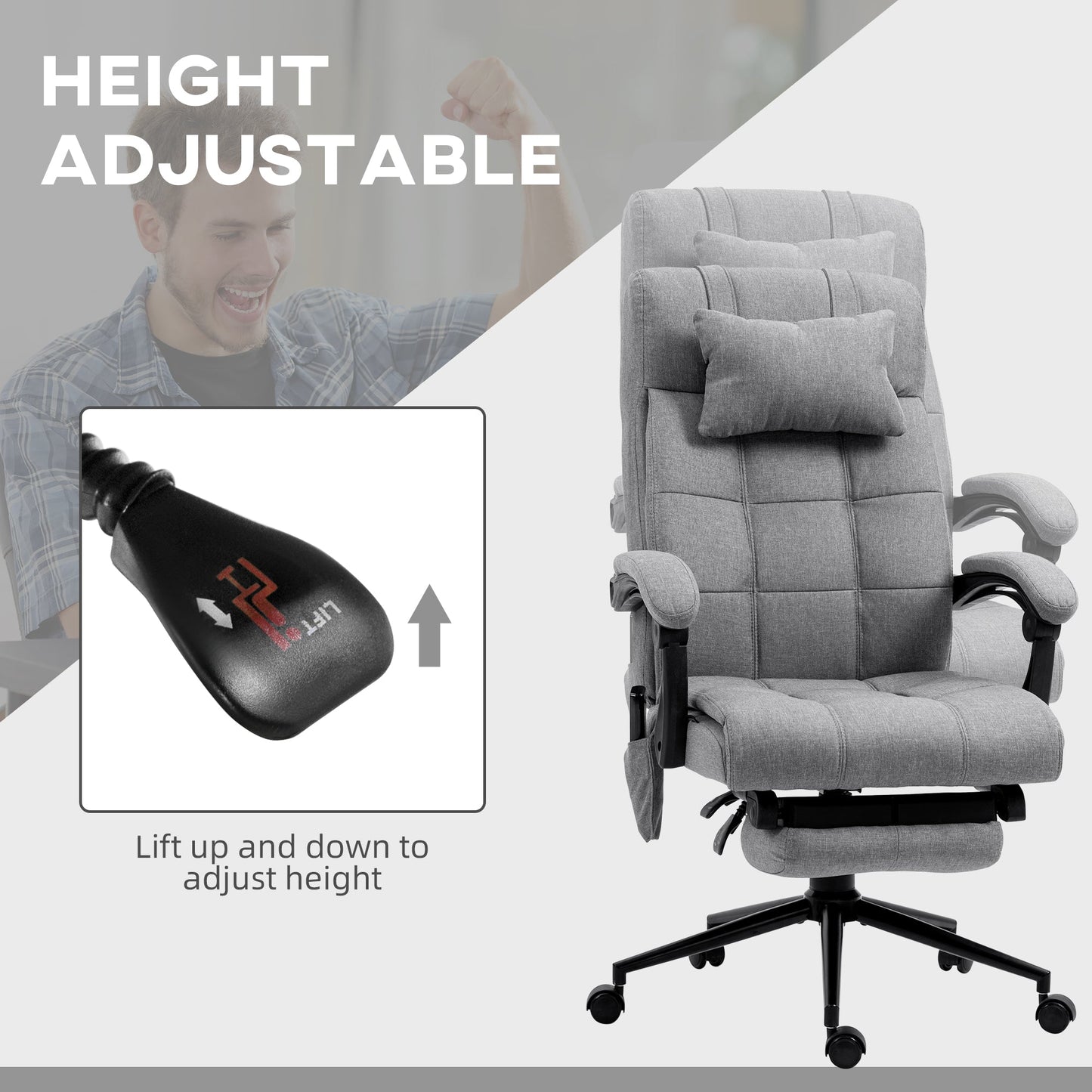 Vinsetto Office Chair with 6-point Vibration Massage and Heat, Computer Chair with Adjustable Height, Head Pillow, Footrest for Home, Grey