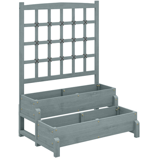 Outsunny 2-Tier Raised Garden Bed with Trellis, Wooden Elevated Planter Box with Drainage Holes, Outdoor Raised Planter for Climbing Plants, Fruits, Vegetables, Flowers, Grey