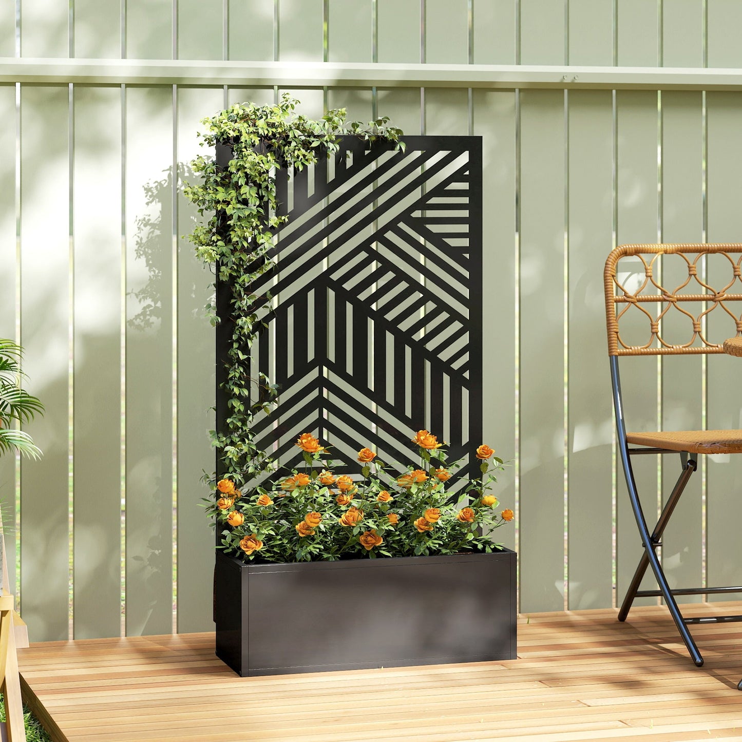 Outsunny Metal Garden Bed for Garden with Trellis, Raised Garden Bed with Privacy Screen, Geometric Slatted Cut-Out