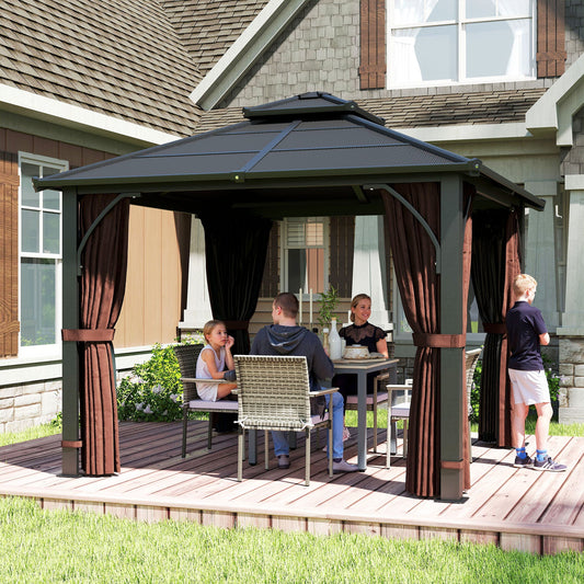 Outsunny 3 x 3(m) Hardtop Gazebo Canopy with 7mm Double Polycarbonate Roof, Garden Gazebo Permanent Pavilion with Mosquito Netting and Curtains for Patio, Deck, Brown