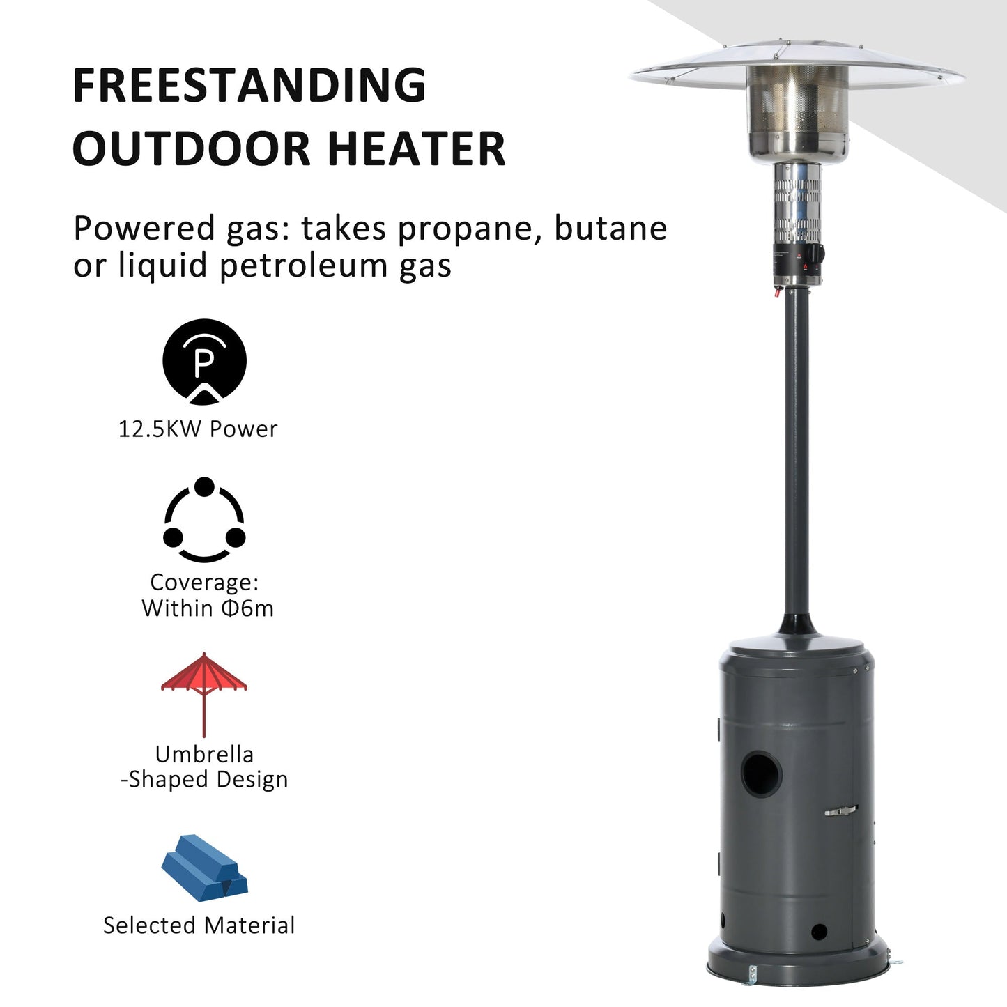 Outsunny 12.5KW Outdoor Gas Patio Heater Freestanding Propane Heater with Wheels, Dust Cover, Regulator and Hose, Charcoal Grey