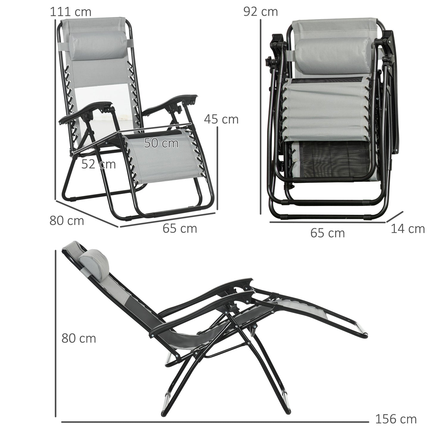 Garden Recliner Chairs Set of 2, Outdoor Foldable Zero Gravity Chairs Set w/ Footstool and Detachable Headrest, Grey