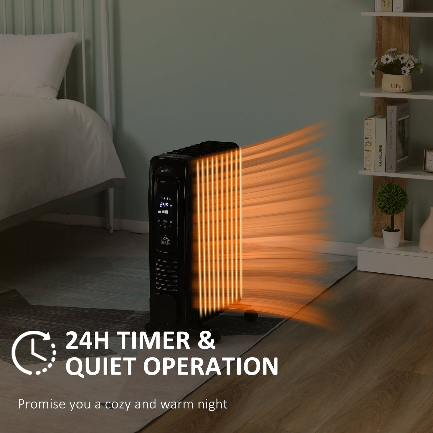 مدفأة زيت رقمية من هومكوم 2000 وات، 9 ريش، سخان كهربائي محمول مع شاشة LED، مؤقت، 3 إعدادات للحرارة، قطع أمان وجهاز تحكم عن بعد، أسود