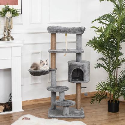 PawHut Cat Tree Cat Scratching Post 120cm with Jute Scratching Post Perch Hanging Ball Hammock Teasing Rope Condo Toy Light Grey