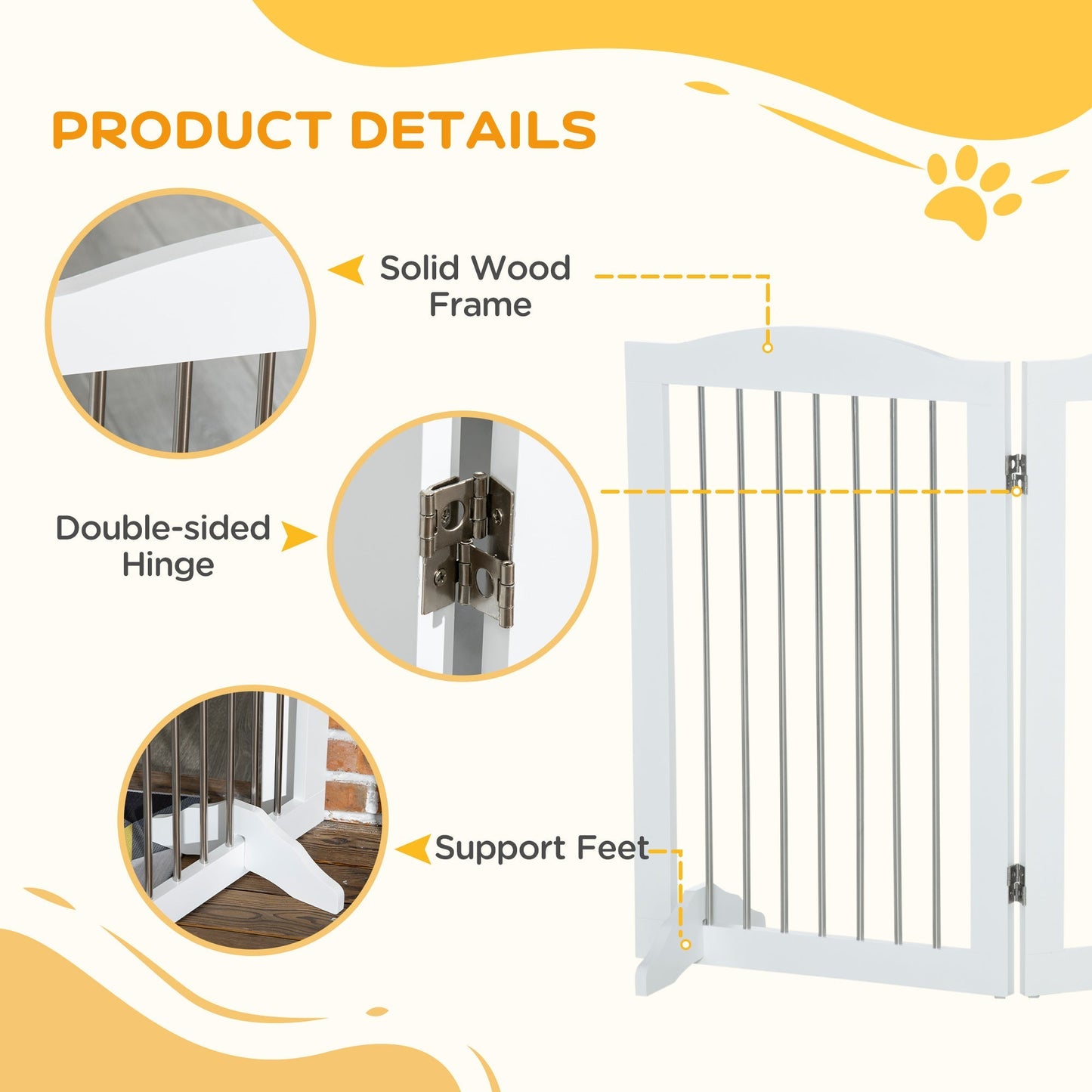 PawHut Foldable Dog Gate, Wooden Freestanding Pet Gate with 2 Support Feet, Dog Barrier for Doorways, Stairs, Halls - White