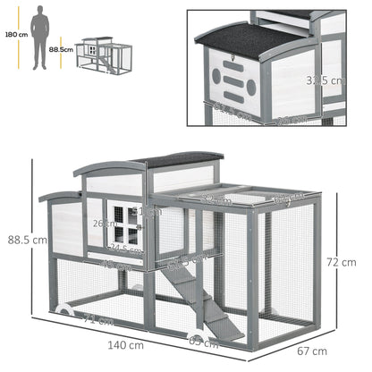 PawHut Deluxe Chicken Coop, Hen House, Wooden Poultry Cage w/ Outdoor Run, Nesting Box, Removable Tray, Openable Roof, 140 x 67 x 88.5cm