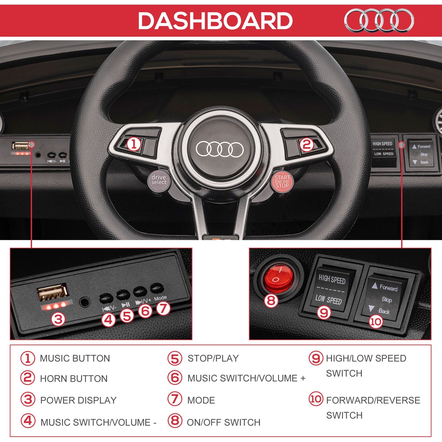 12V Rechargeable Battery Ride On Car w/ Remote Forward Reverse Lights Horn MP3 Player Black w/ Seat Belt Audi TT RS