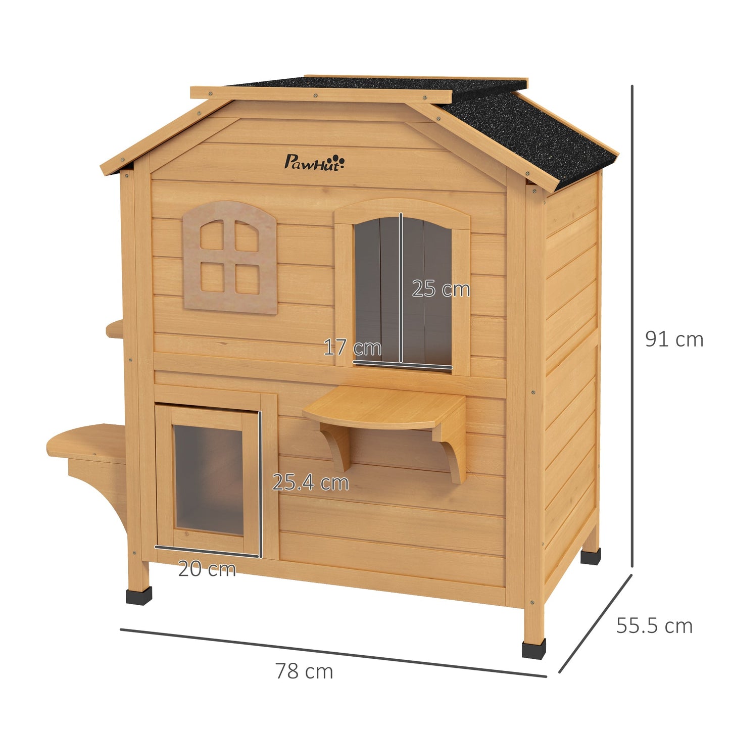 PawHut 2-story Cat House Outdoor, Weatherproof Wooden Cat Enclosure for Feral Cats with Escape Door, Openable Roof, Jumping Platforms, Natural Wood Finish