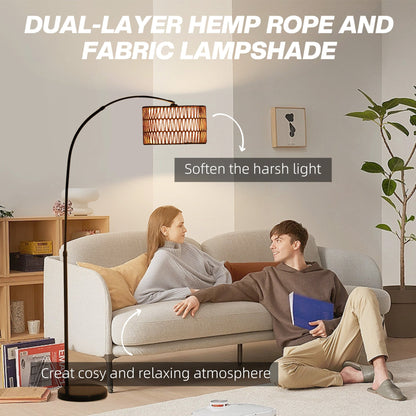HOMCOM Rattanowa lampa podłogowa do salonu, lampa stojąca Farmhouse Arc z dwuwarstwowym kloszem i przełącznikiem nożnym, regulowana wysokość minimalistycznego klosza na wysokim słupku do sypialni, biura, czarna
