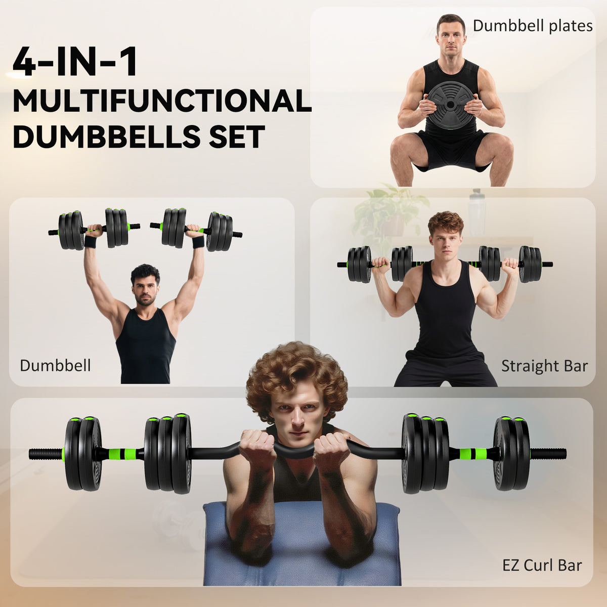 SPORTNOW 20 kg 3-in-1 Adjustable Dumbbell & Barbell Set with EZ Bar, Connecting Rod and Non-Slip Grip for Home Gym, Green
