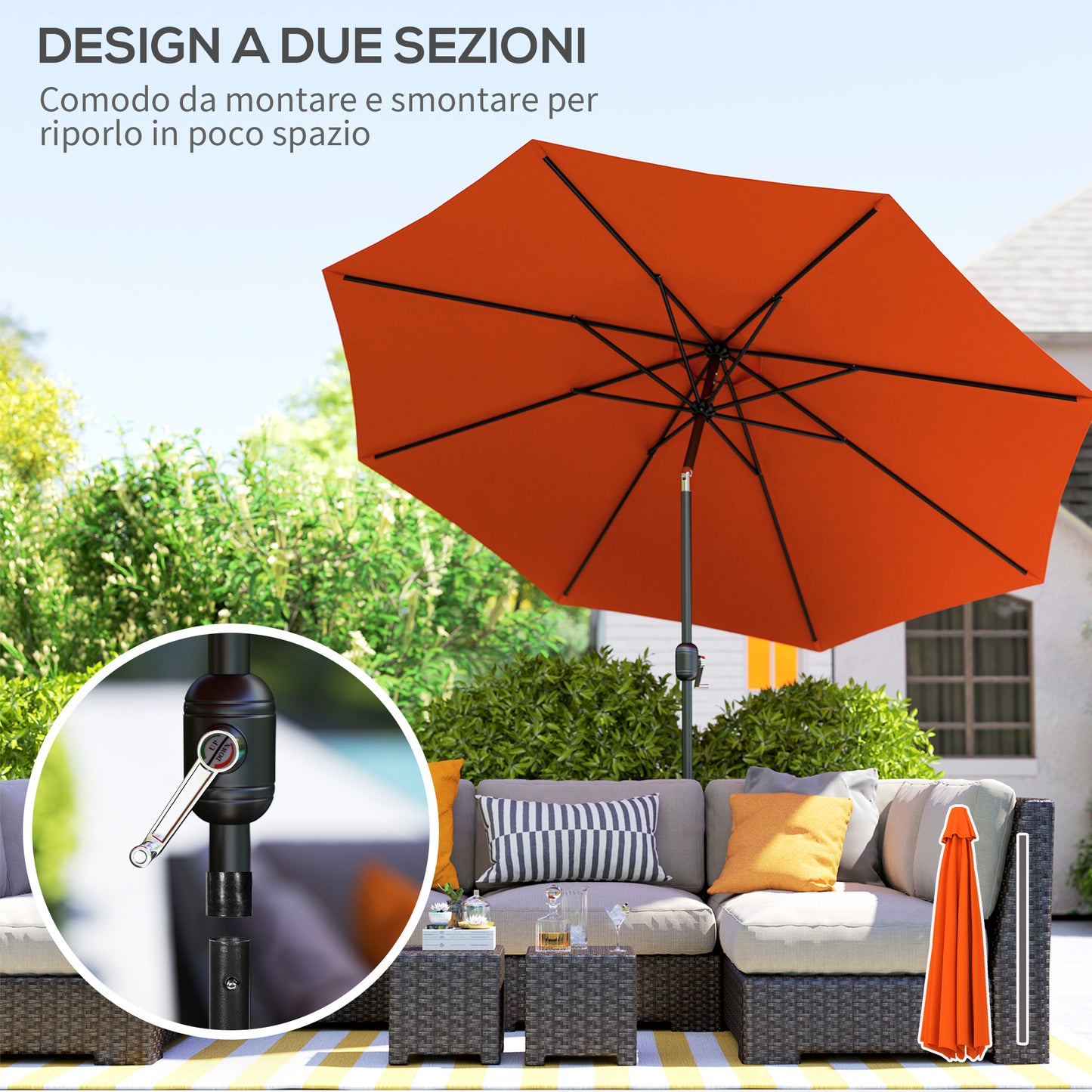 Outsunny 3 m Parasol ogrodowy, zewnętrzny parasol przeciwsłoneczny z 8 żebrami, uchwytem uchylnym i korbowym na balkon, ławka, ogród, pomarańczowy