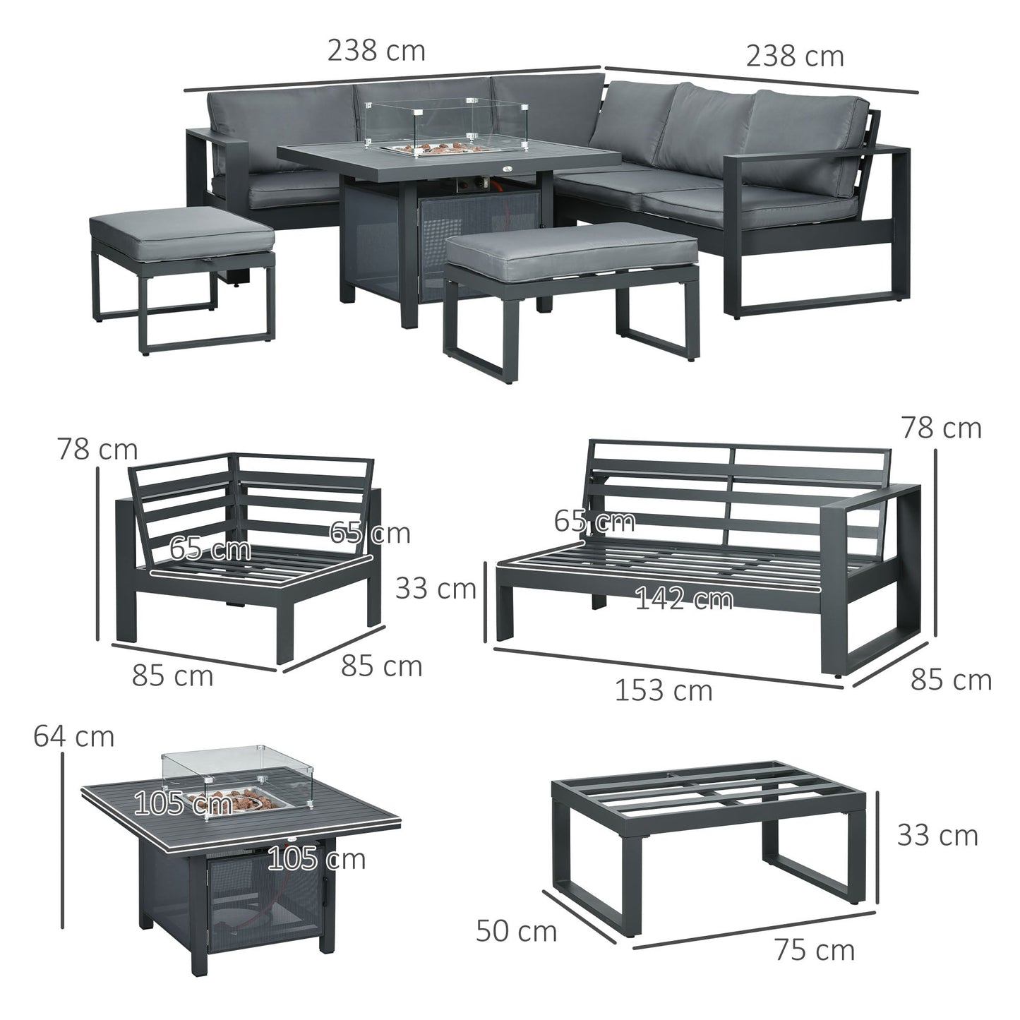 Outsunny 6-Piece Aluminium Garden Furniture Set with Fire Pit Table, Outdoor Dining Sofa Set with Cushions, Loveseats and Footstools, Sectional Corner Conservatory Furniture for Patio, Grey