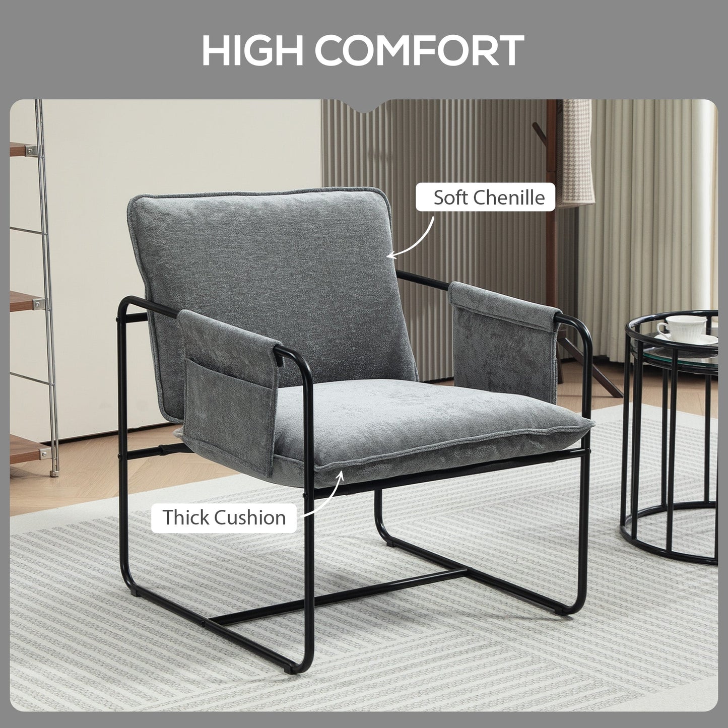 HOMCOM Minimal Padded Accent Chair, with Pockets - Grey