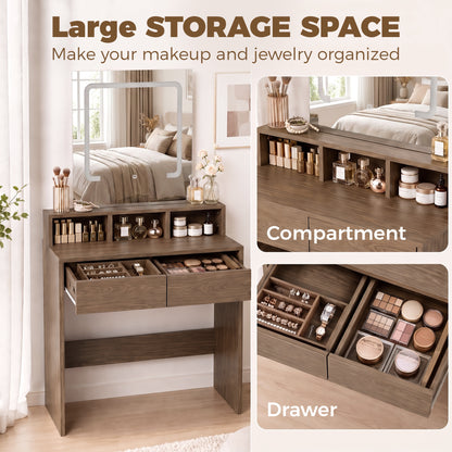 HOMCOM Vanity Table, Dressing Table with Mirror, LED Lights, 2 Drawers, 3 Compartments, 3 Colour Lighting, Walnut