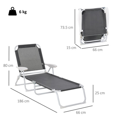 Outsunny Foldable Sun Lounger, Outdoor 4 Level Adjustable Backrest Reclining Lounge Chair with Armrests for Patio, Garden, Dark Grey