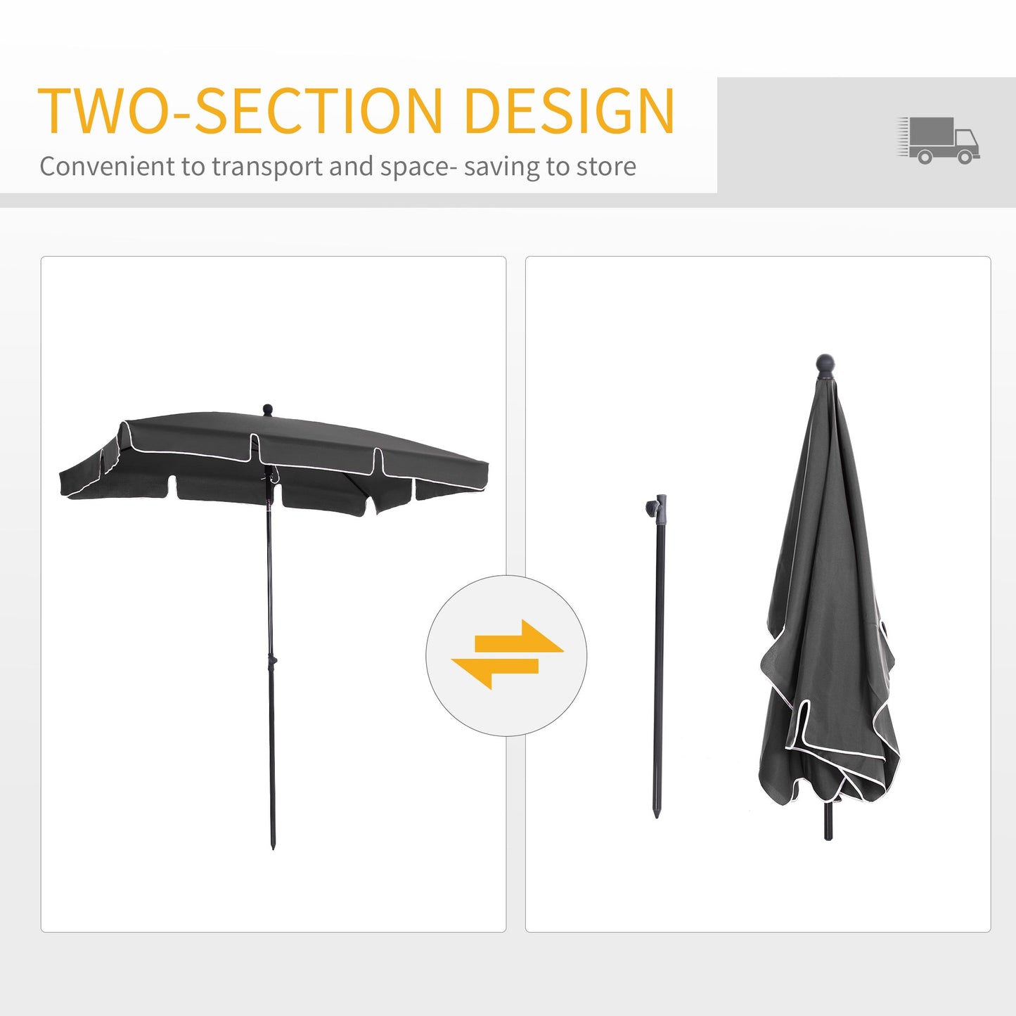 Outsunny Garden Parasol Umbrella, Outdoor Market Table Umbrella with Ruffles & Aluminium Pole, Rectangular Tilting Parasol Sun Shade Canopy, 2 x 1.3m, Grey