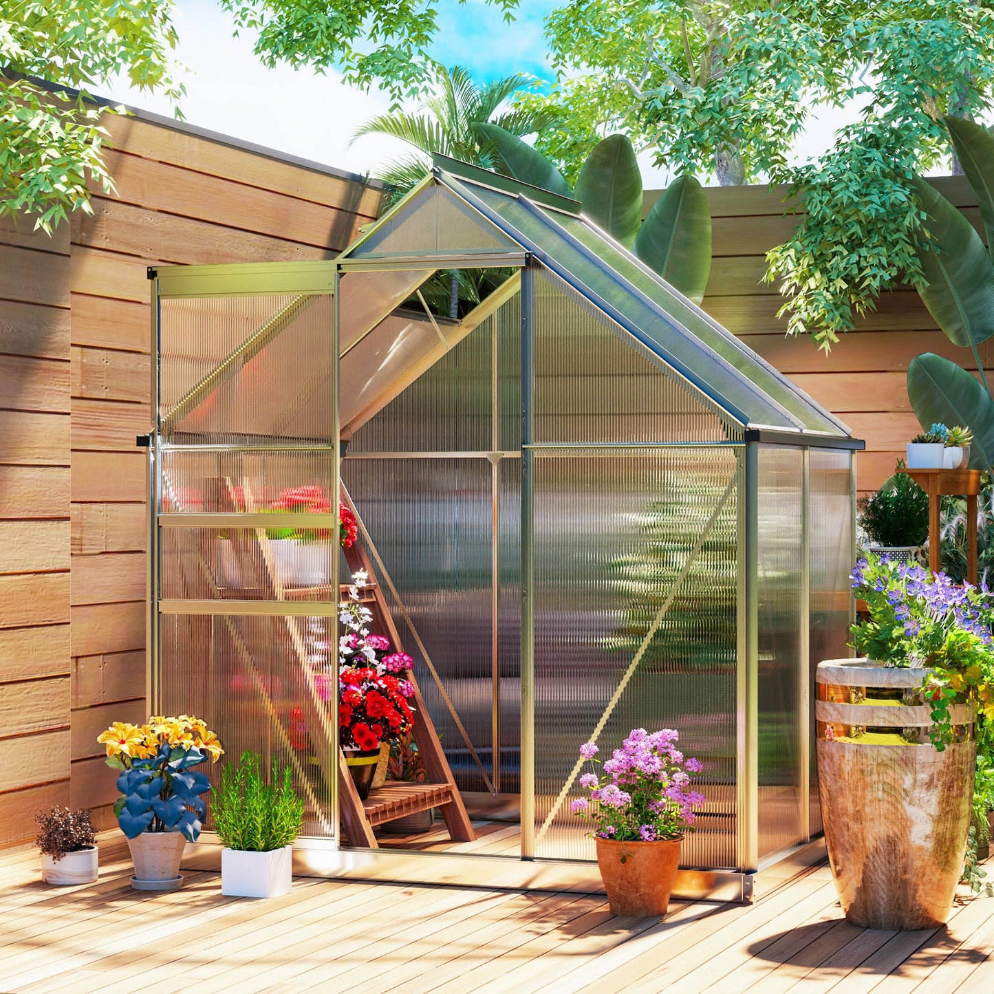 Outsunny 192.5 x 131cm Walk-In Polycarbonate Greenhouse - Silver-Tone