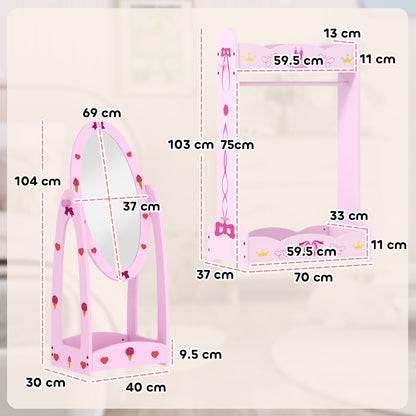 AIYAPLAY Kids Clothes Rail, Kids Dressing Mirror with 360 Rotating, 2 Piece Kids Furniture Set with Storage Shelves, Pink