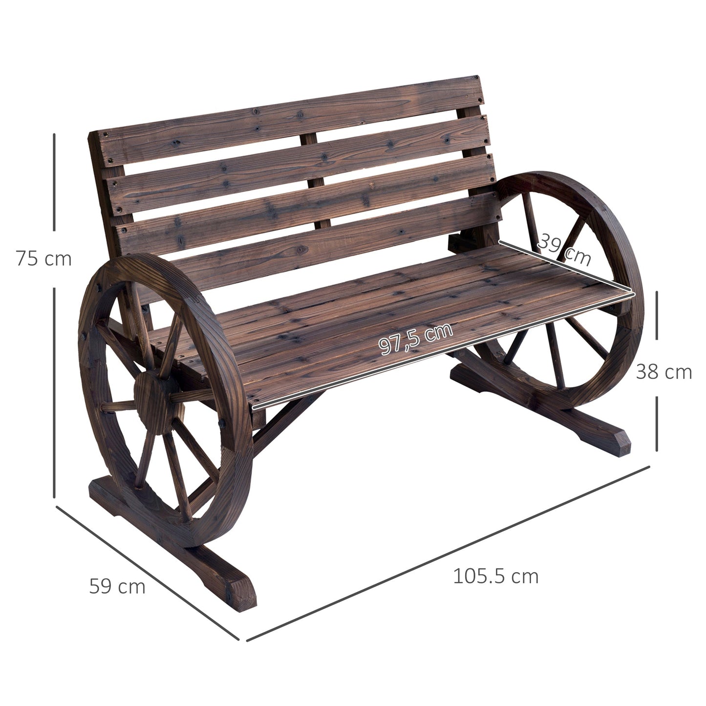 Outsunny 2 Seater Garden Bench with Wooden Cart Wagon Wheel Rustic High Back Brown