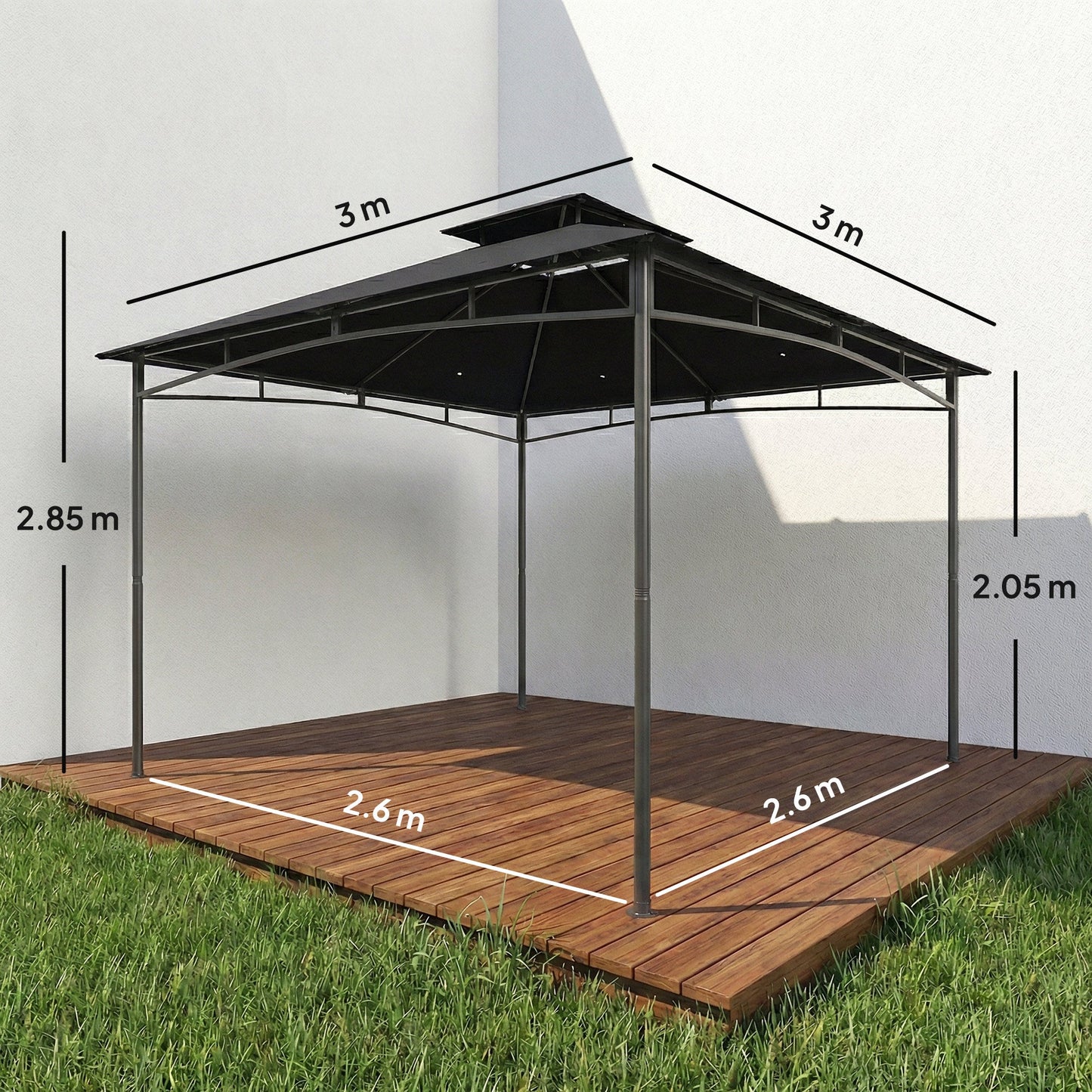 Outsunny 3 x 3 m Gazebo, Garden Gazebo with 2-Tier Roof, Metal Frame, Black