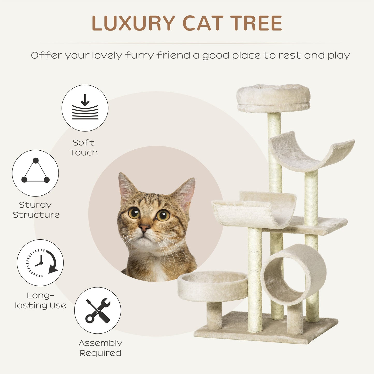 PawHut Cat Tree for Indoor Cats Kitten Pet Scratching Post Perch Activity Center Scratcher Climb Post Play House Arch with Tunnel 105cm Tall Beige