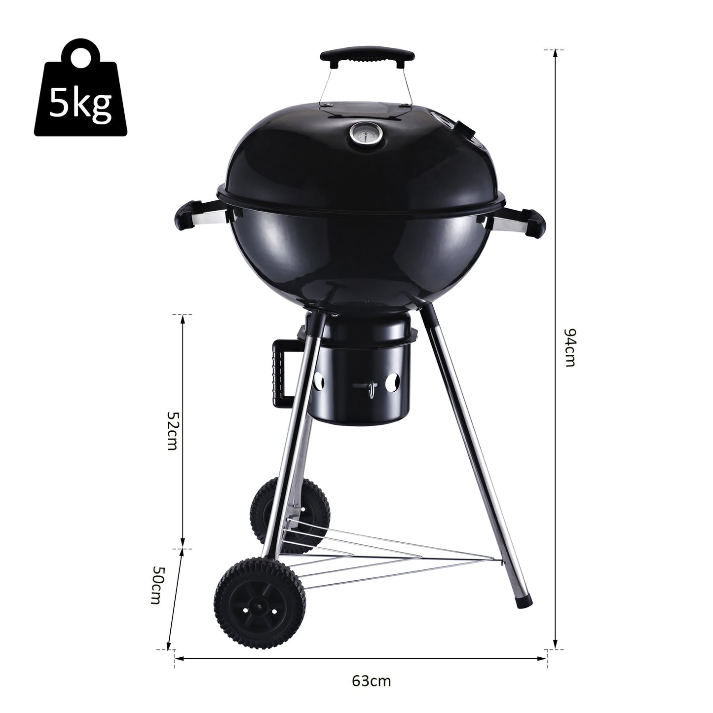 Outsunny Freestanding Charcoal Barbecue Grill Garden Portable BBQ Smoker w/ Wheels, Storage Shelves and On-body Thermometer, Black