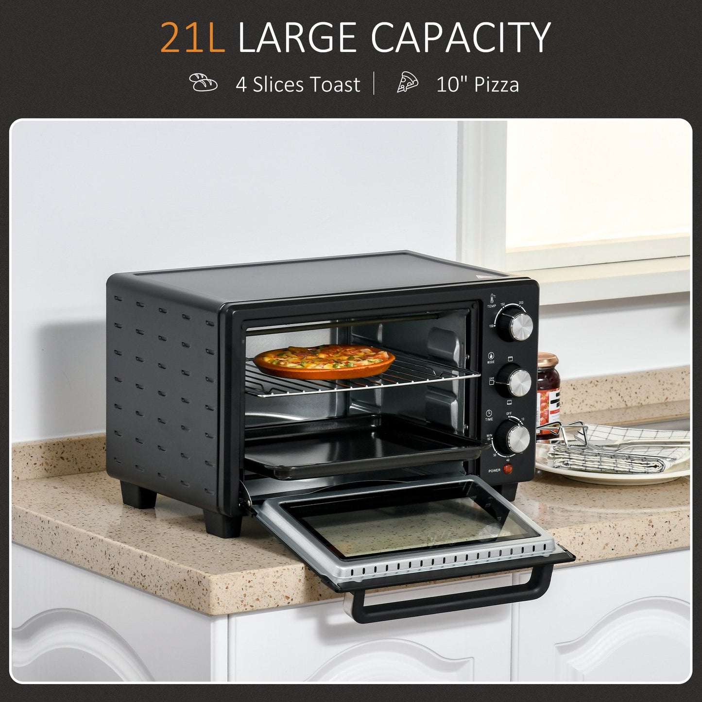 1400W Mini Oven, 21L Countertop Electric Grill, Toaster Oven with Adjustable Temperature, Timer, Baking Tray and Wire Rack,