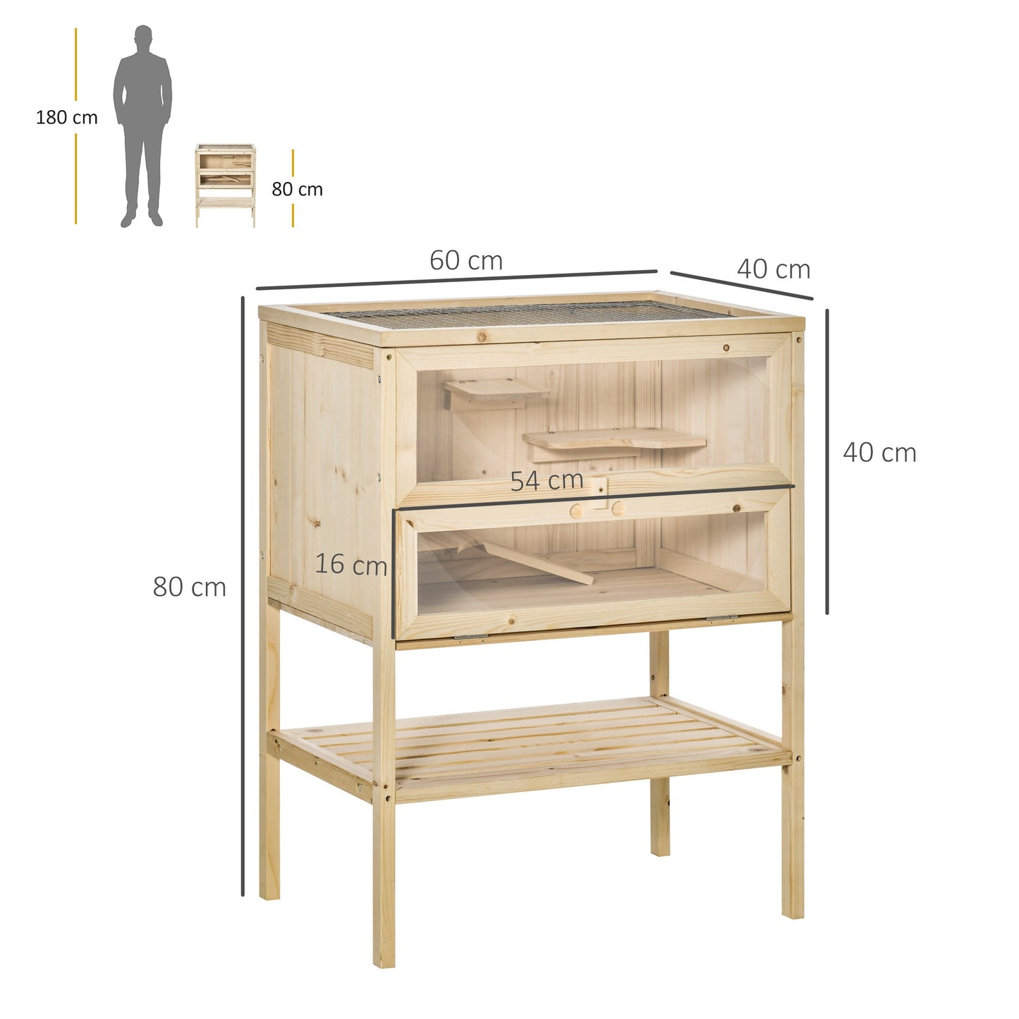 PawHut Wooden Hamster Cage with Storage Shelf, Small Animal Exercise Play House with Openable Top, for Hamsters, Gerbils, 60 x 40 x 80 cm - Natural