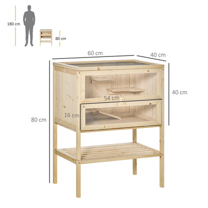 PawHut Wooden Hamster Cage with Storage Shelf, Small Animal Exercise Play House with Openable Top, for Hamsters, Gerbils, 60 x 40 x 80 cm - Natural