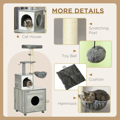 PawHut Enclosed Cat Litter Box with Cat House, Cat Bed, Scratching Posts, Platforms, for Indoor Cats - Grey