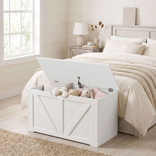HOMCOM 100L Home Storage Box, with Safety Hinge - White Wood-Effect