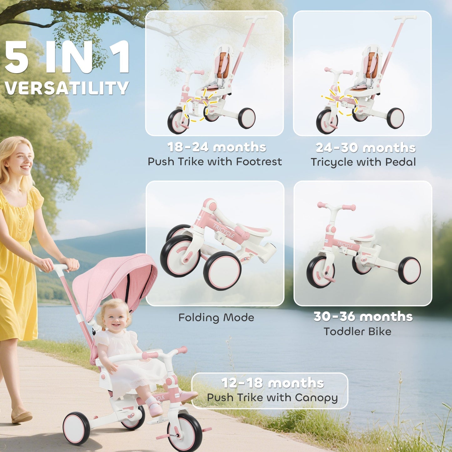 AIYAPLAY 5 in 1 Kids Trike with Adjustable Backrest, Toddler Tricycle with Push Handlebar, Adjustable Backrest, Pink