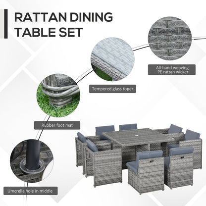 Outsunny 8 Seater Rattan Cube Garden Furniture Set with Parasol Hole, Rattan Dining Set with Cushions, Outdoor Dining Table and Chairs with Square Glass Top Table for Patio, Balcony, Mixed Grey