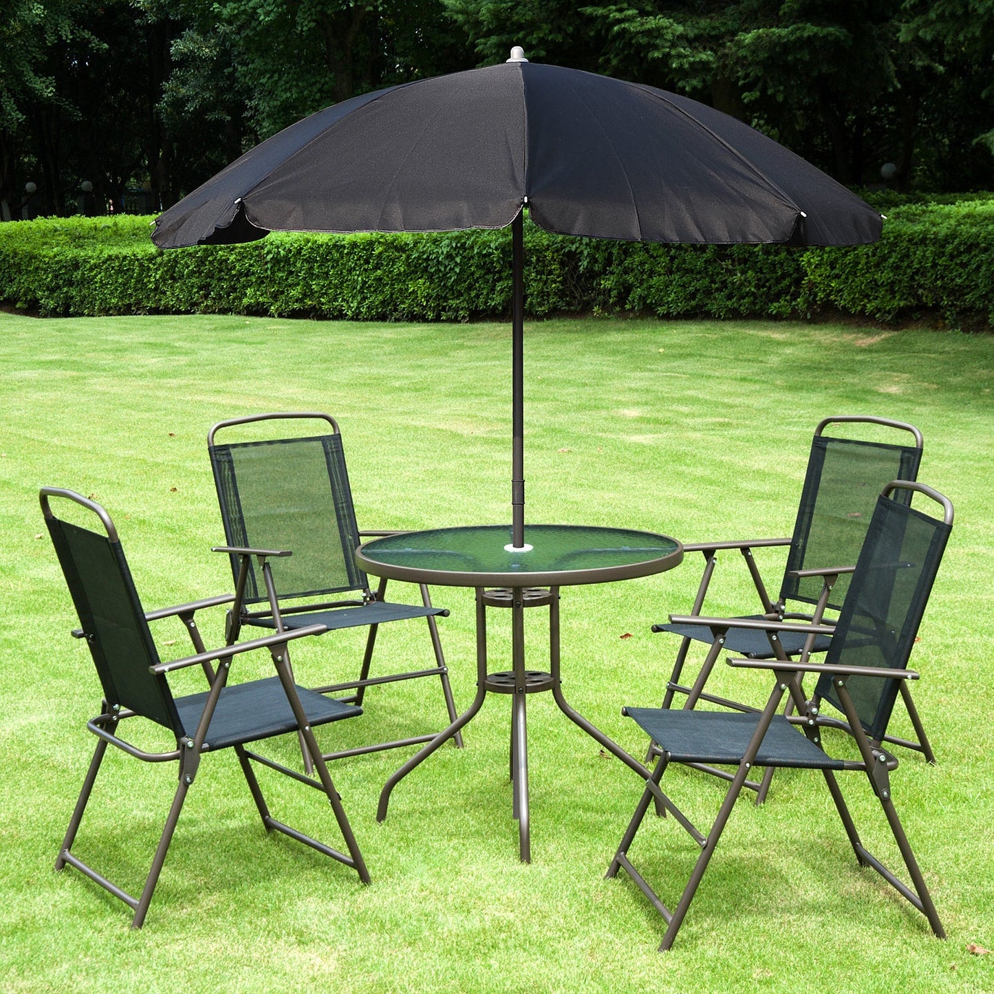 Outsunny 6 PCs Garden Patio Furniture Set Bistro Set Texteline Folding Chairs +Table +Parasol (Black)