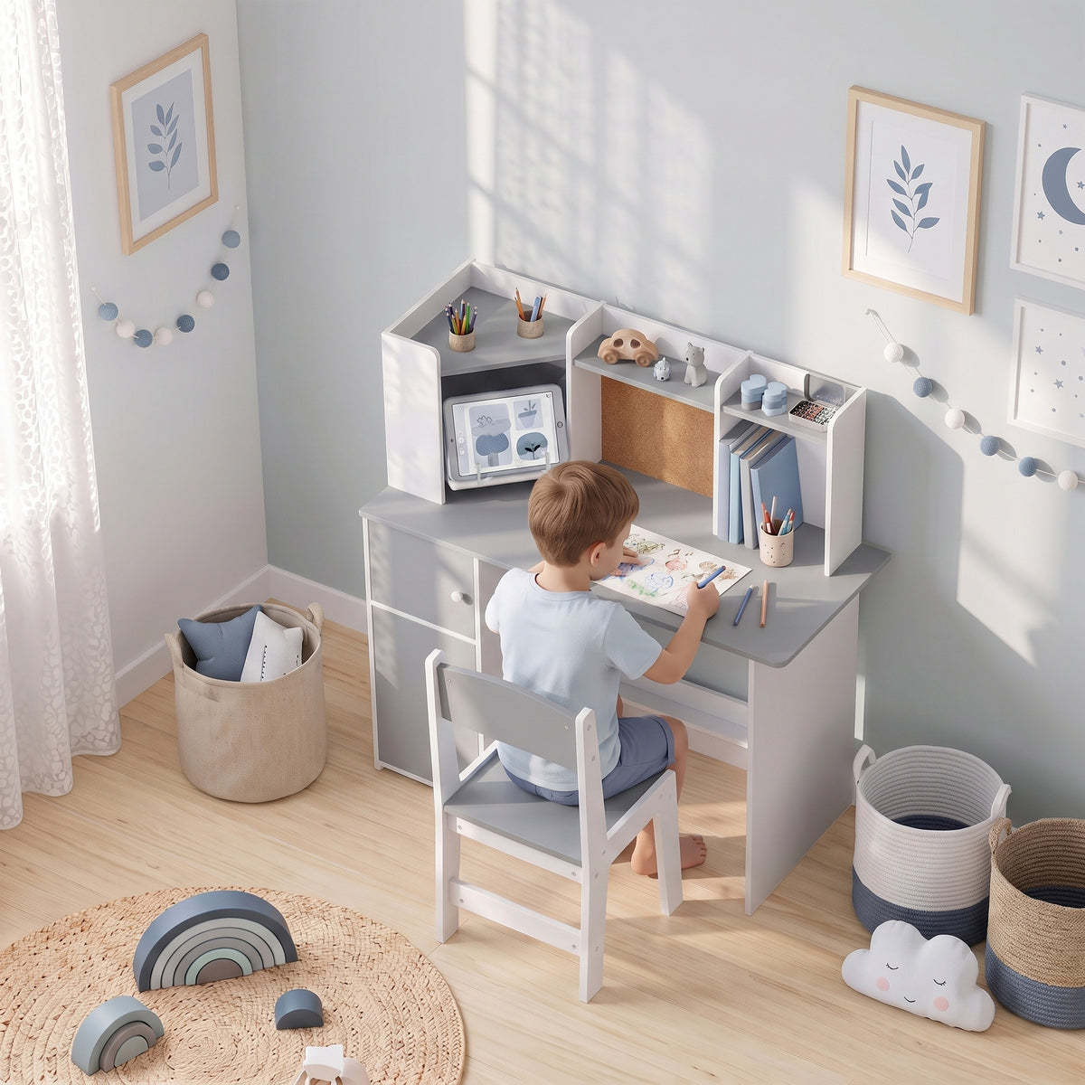 AIYAPLAY Kids Desk and Chair Set Storage Shelves Kids Desk Adjustable Tablet Stand Cork Board Pen Holder Grey