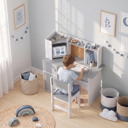 AIYAPLAY Kids Desk and Chair Set Storage Shelves Kids Desk Adjustable Tablet Stand Cork Board Pen Holder Grey