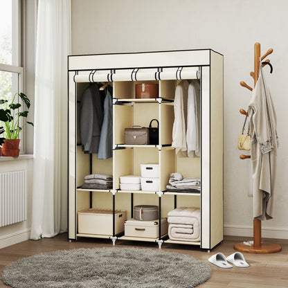 HOMCOM Fabric Wardrobe, with Rails and Shelves - Cream White